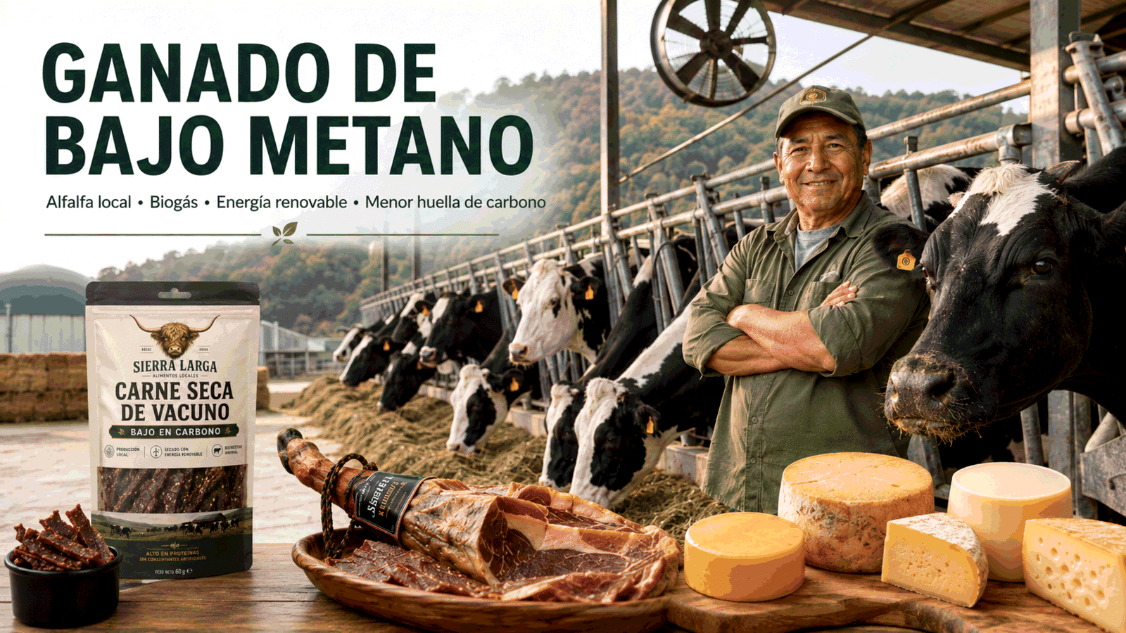 Ganadero con ganado Holstein y productos de baja huella